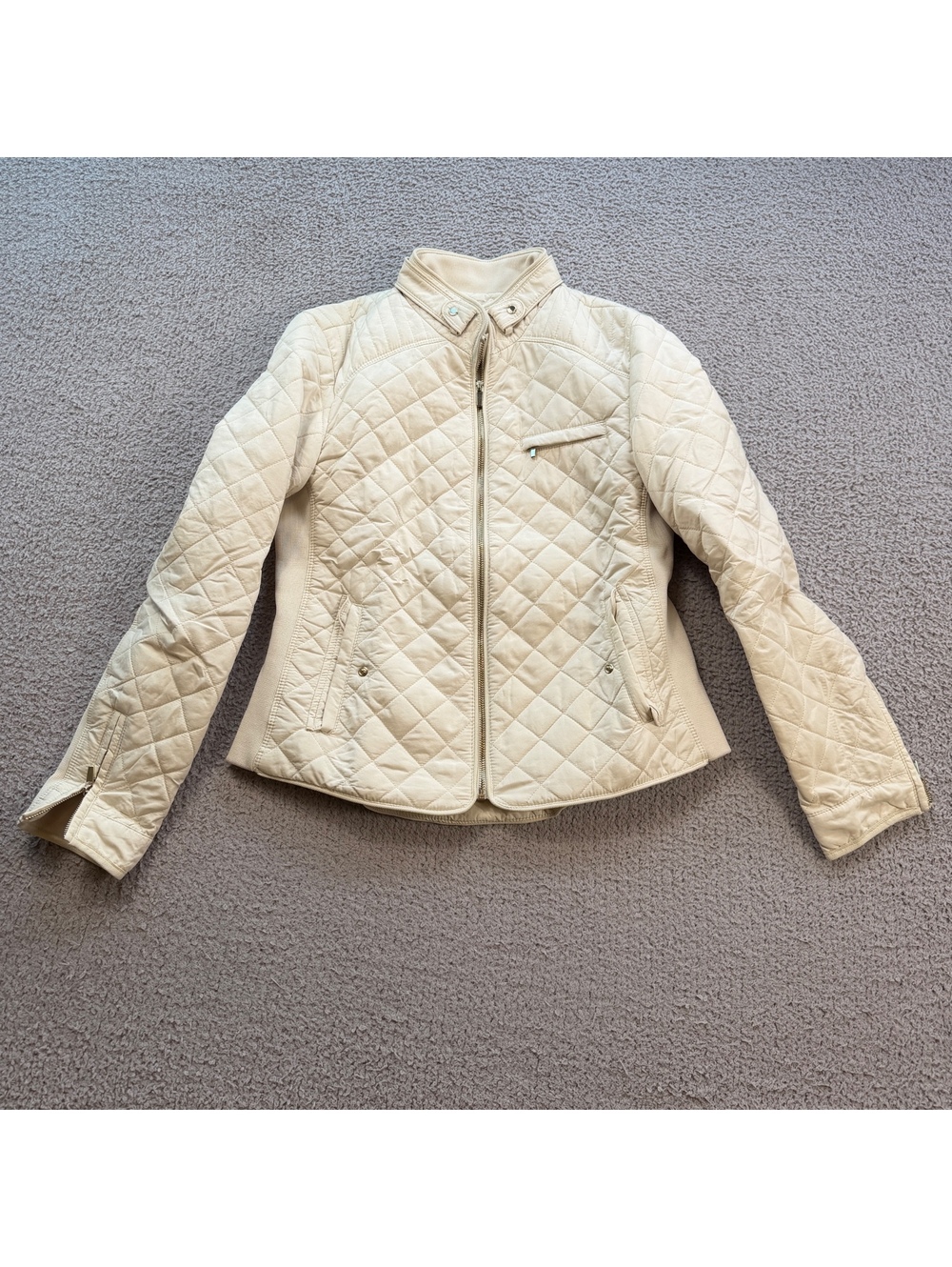 Zara Woman Cream Diamond Quilted Moto Riding Jacket Gold Hardware Size L